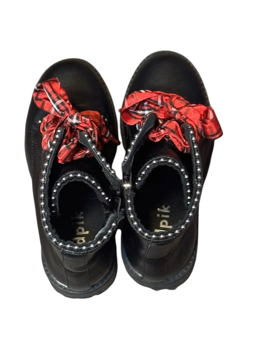 kidpik Black Studded Combat Boots with Red Plaid Ribbon Laces Size 12